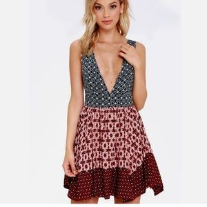 Lulus Patchwork Deep V Corset Tie Dress Size S